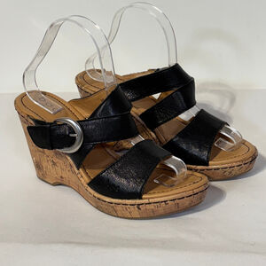 b.o.c. Black Tan Wedge Sandals Adjustable Straps Leather Women’s Size 9 Strappy